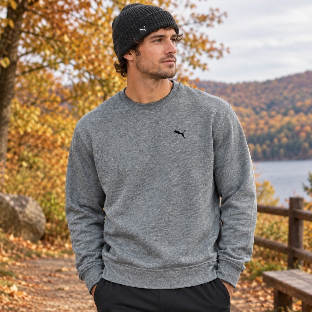Puma Textured Crew Neck Sweatshirt Mens Long Sleeve Ribbed Pullover Gray Large